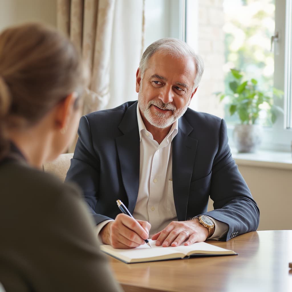 A senior white male therapist in his early-to-mid 60s sits with an adult client, conveying wisdom, trust, compassion, and professionalism.